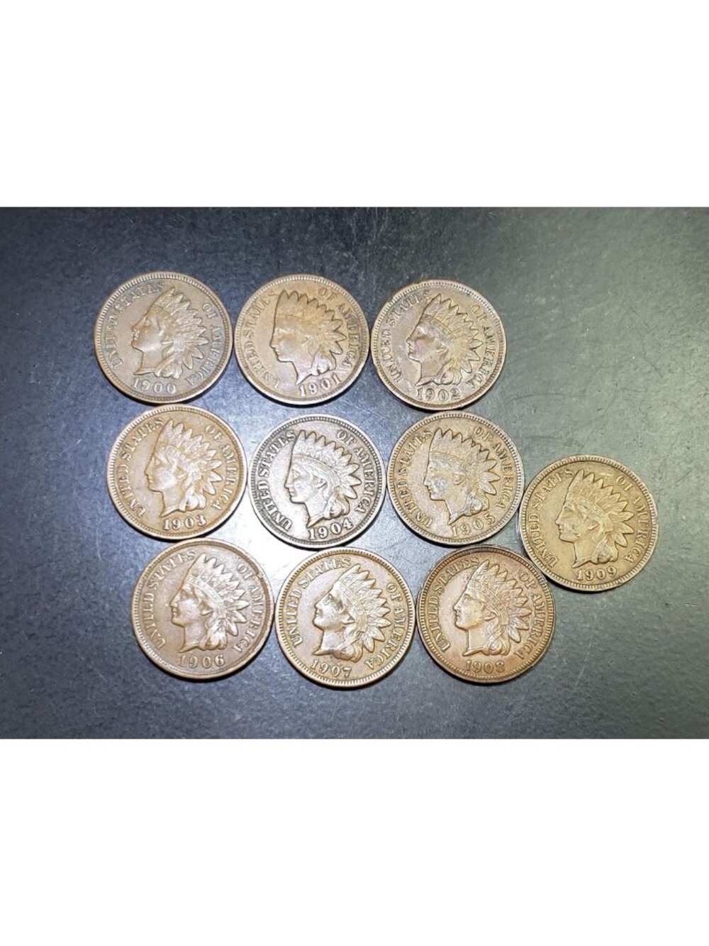 Complete Decade U.S. Indian Head Cents 1900-1909 - 10 Better Grade Pennies, Full